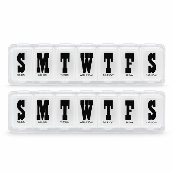 Two clear seven-day pill boxes with labelled daily compartments