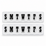 Two clear seven-day pill boxes with labelled daily compartments