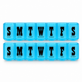 Two blue seven-day pill boxes with labelled daily compartments