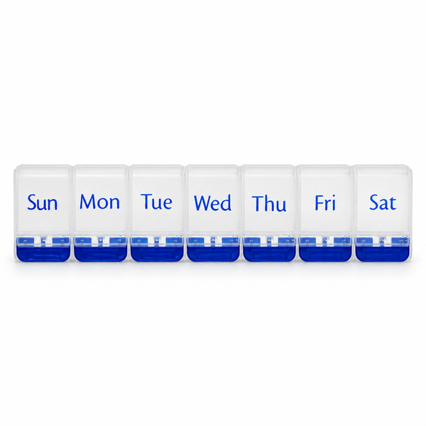 Seven-day pill organiser with blue base and clear labelled lids