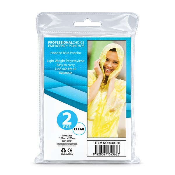 Professional Choice clear emergency rain ponchos in a 2-pack pouch with blue label, code 040368.
