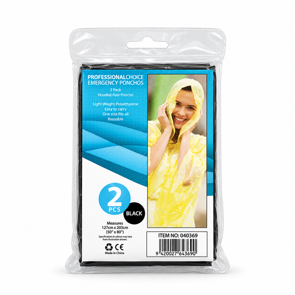 Professional Choice black emergency rain ponchos in a 2-pack pouch with blue label, code 040369.