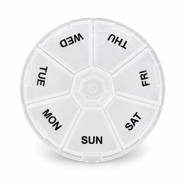 Clear round seven-day pill box with labelled compartments
