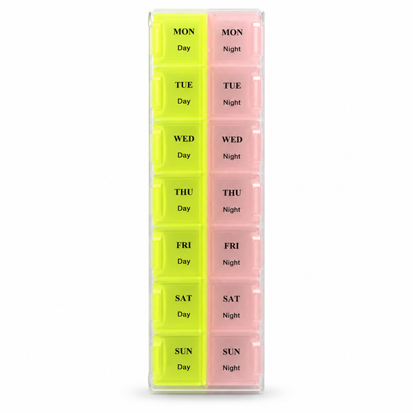 Seven-day pill organiser with separate day and night compartments