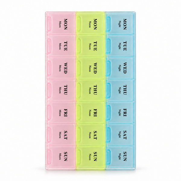 Seven-day pill organiser with morning noon and night compartments