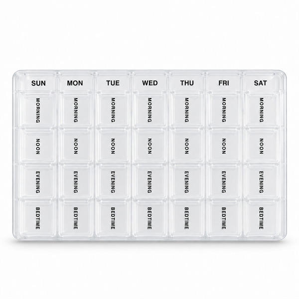Clear seven-day pill organiser with four compartments per day