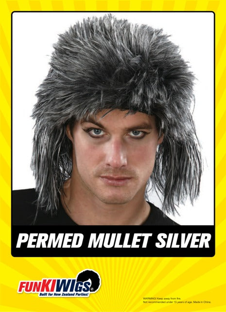 Permed Mullet Silver adult wig