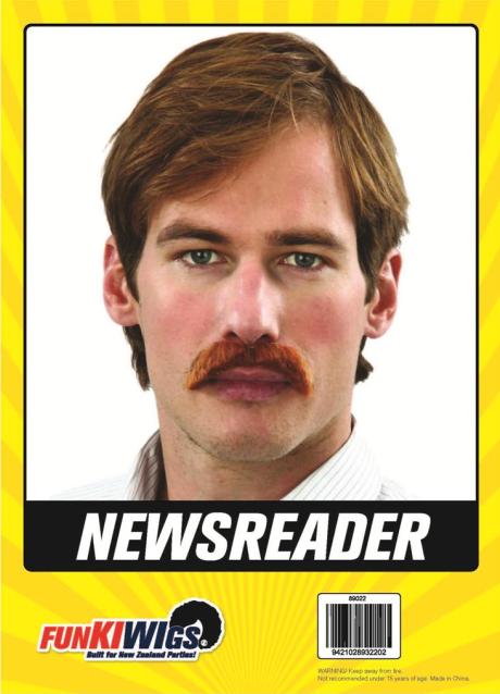 Newsreader Costume Moustache – Ginger, shown on the original Fun Kiwi packaging