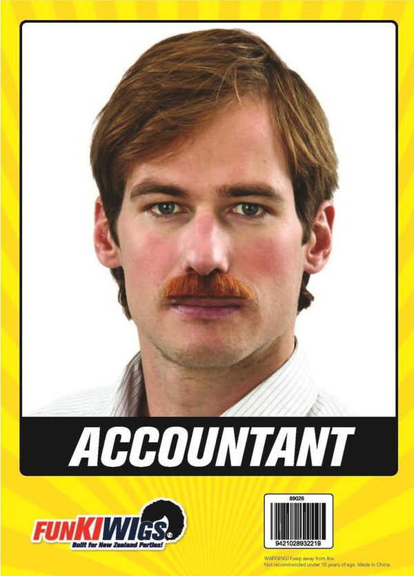 Accountant Costume Moustache – Ginger, shown on the original Fun Kiwi packaging