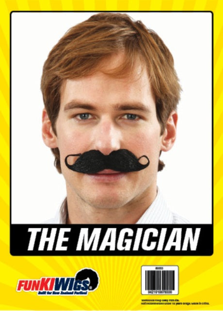 The Magician Costume Moustache – Black, shown on the original Fun Kiwi packaging