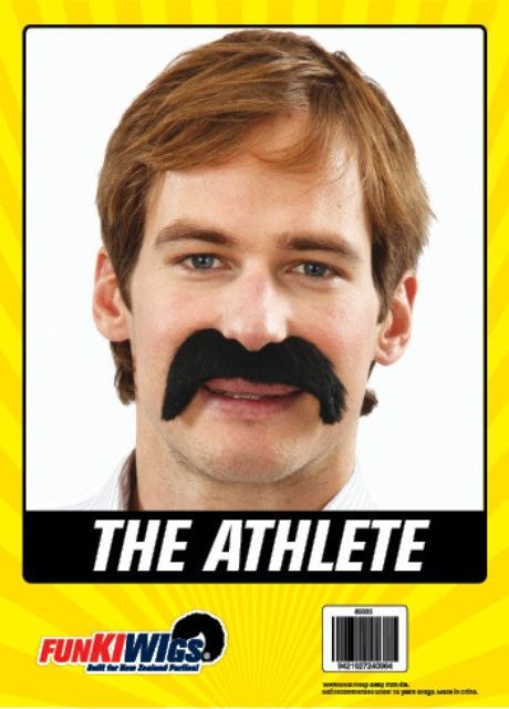 The Athlete Costume Moustache – Black, shown on the original Fun Kiwi packaging