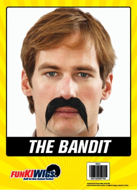 The Bandit Costume Moustache – Black, shown on the original Fun Kiwi packaging