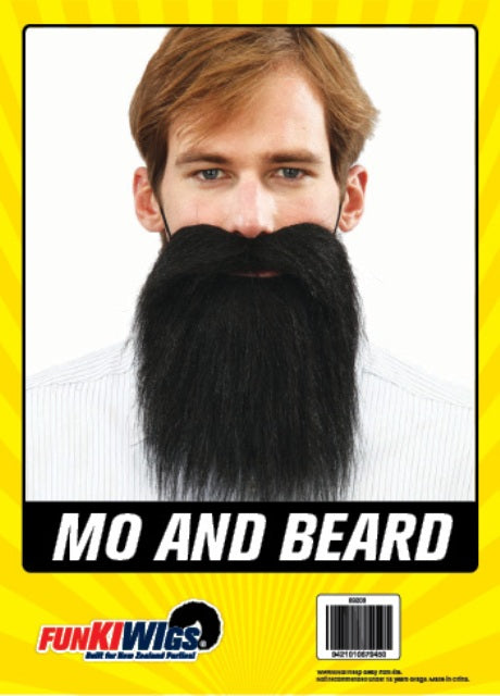 Mo and Beard Costume Facial Hair – Black, shown on the original Fun Kiwi packaging