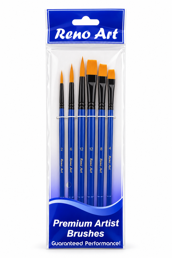 Reno Art Golden Synthetic Round & Flat Brush Set - 6 Piece (BS-106-6)
