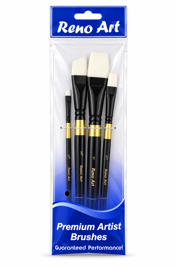 Reno Art White Synthetic Flat & Angled Brush Set - 4 Piece (BS-108-4)
