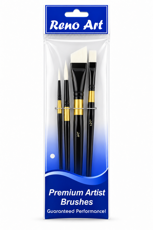 Reno Art White Synthetic Short Handle Brush Set - 4 Piece (BS-108-4B)