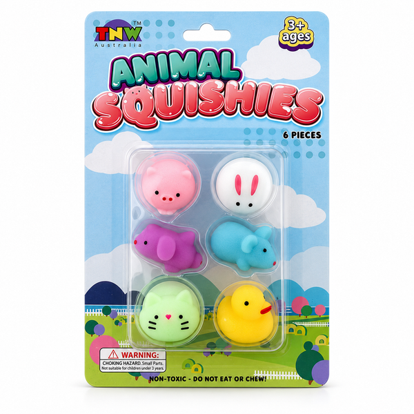 BT151CAN — six colourful animal squishies in their original blister-card packaging