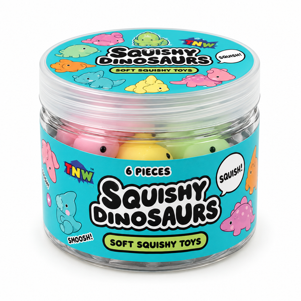 BT151DIN — six colourful dinosaur squishies sold together in a lidded retail tub