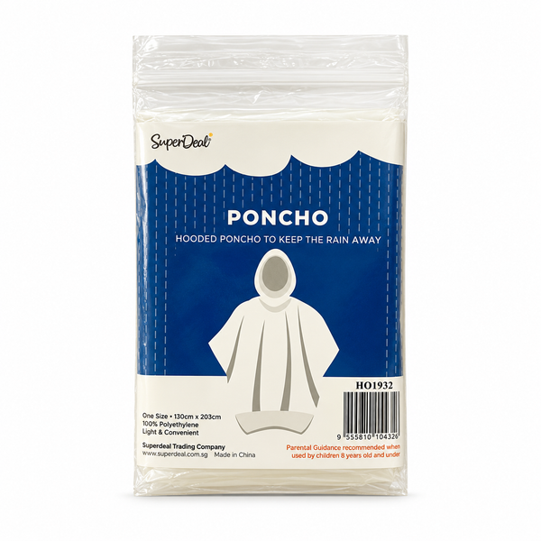 SuperDeal clear disposable hooded rain poncho in cream and blue packaging, code HO1932.