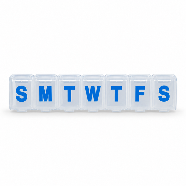 Clear seven-day pill box with large blue day initials