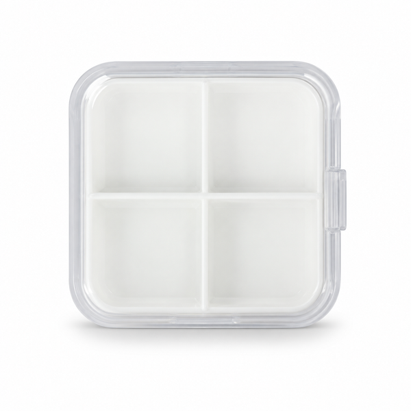 Clear square pill container with four compartments