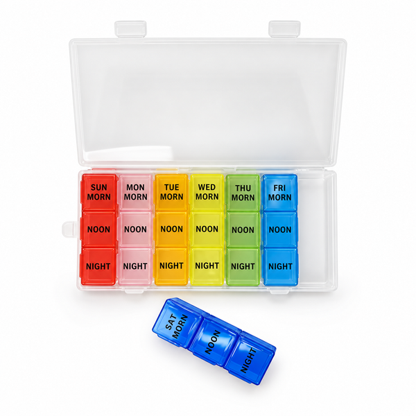 Rainbow weekly pill organiser with seven removable three-compartment daily cases