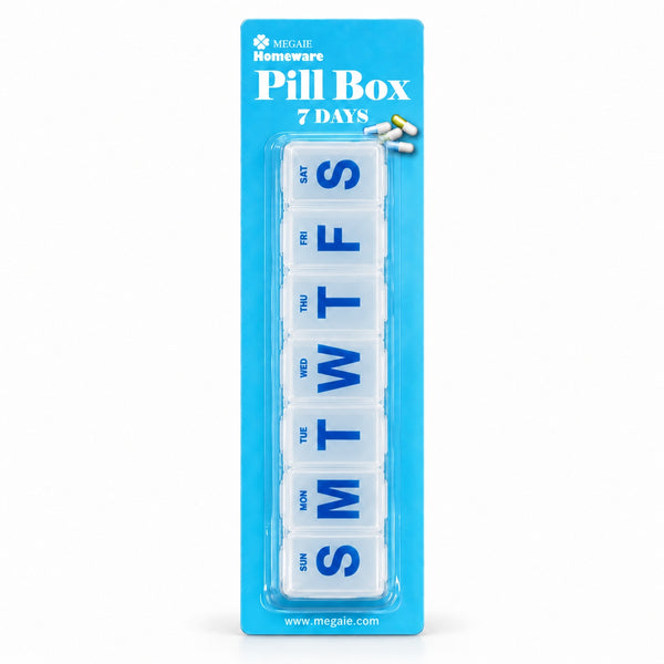 Megaie Homeware clear seven-day pill box with blue day labels