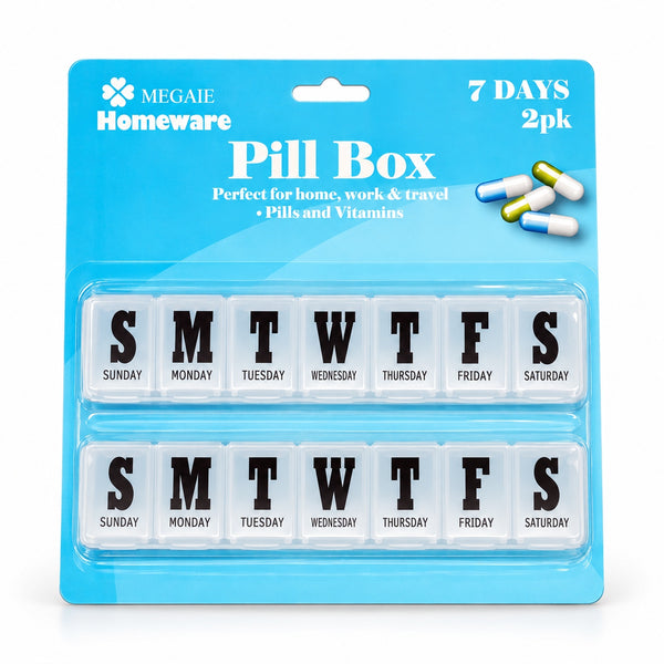 Megaie Homeware two-pack of clear seven-day pill boxes