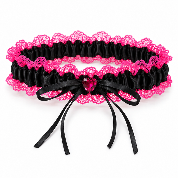 Hen's Night - Lace Party Garter - Black with Pink Lace