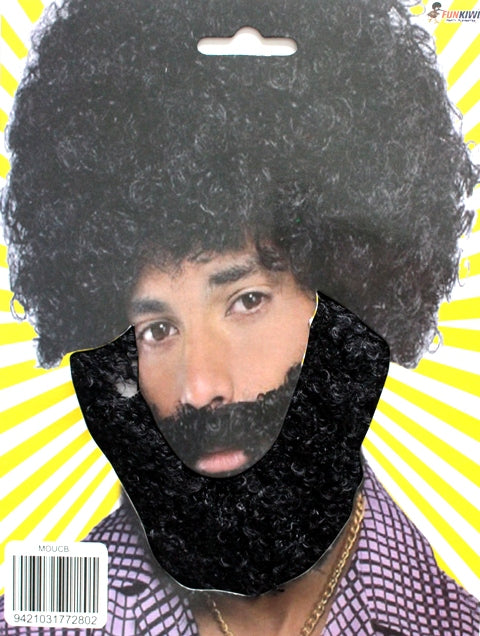 Curly Costume Beard and Moustache – Black, shown on the original Fun Kiwi packaging