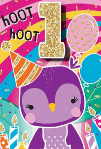 Glitter Party Age Greeting Card - Purple Pinguin (1st)