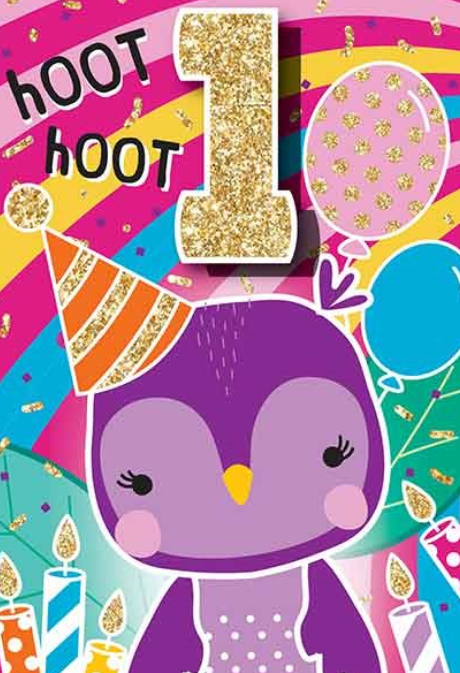 Glitter Party Age Greeting Card - Purple Pinguin (1st)