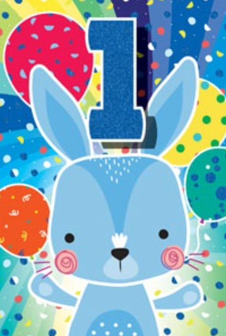 Glitter Party Age Greeting Card - Blue Rabbit (1st)