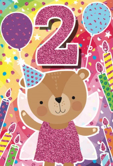 Glitter Party Age Greeting Card - Brown Bear (2nd)