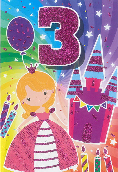 Glitter Party Age Greeting Card - Pink Princess (3rd)