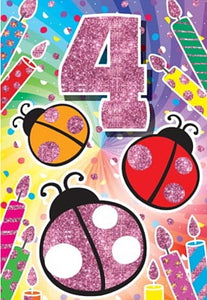 Glitter Party Age Greeting Card - Pink Lady Bug (4th)