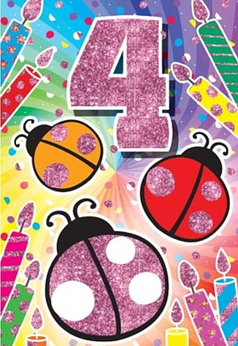Glitter Party Age Greeting Card - Pink Lady Bug (4th)