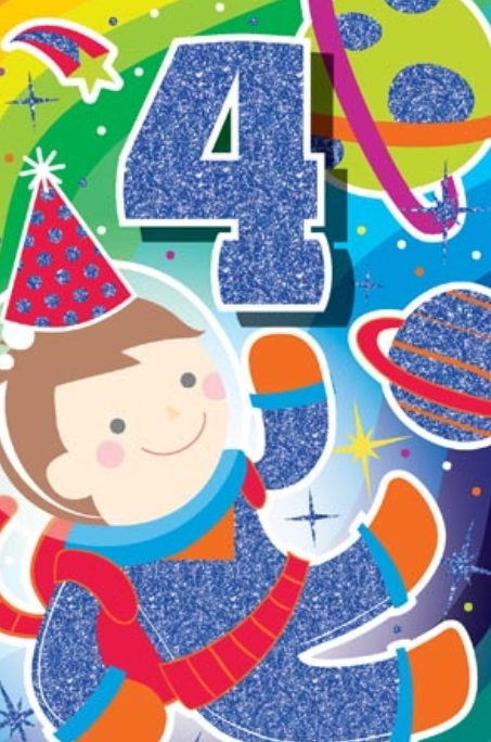 Glitter Party Age Greeting Card - Blue Astronaut (4th)