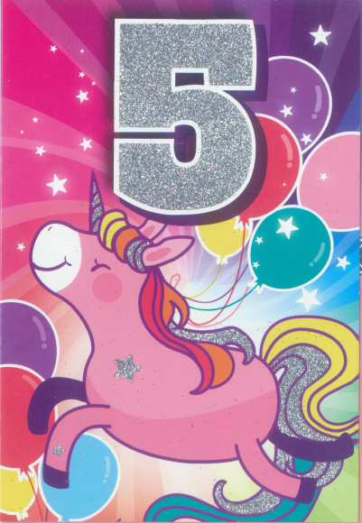 Glitter Party Age Greeting Card - Pink Unicorn (5th)