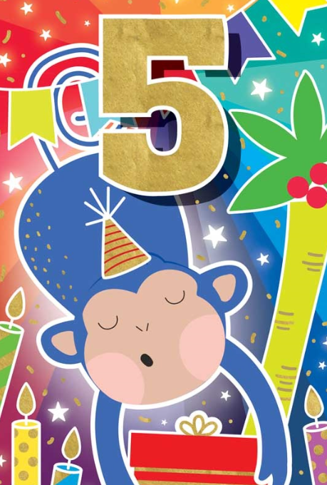 Glitter Party Age Greeting Card - Blue Monkey (5th)
