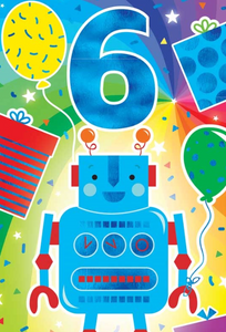 Glitter Party Age Greeting Card - Blue Robot (6th)