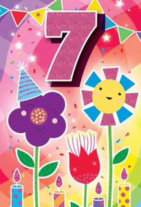 Glitter Party Age Greeting Card - Pink Flowers (7th)