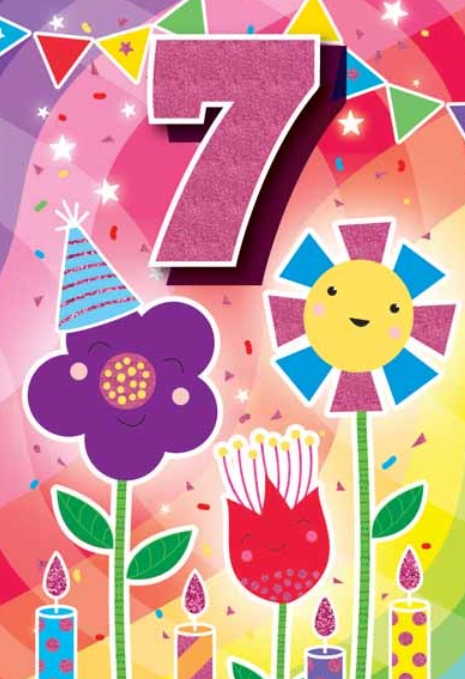 Glitter Party Age Greeting Card - Pink Flowers (7th)