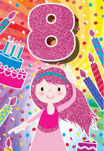 Glitter Party Age Greeting Card - Pink Girl (8th)