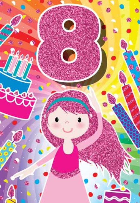 Glitter Party Age Greeting Card - Pink Girl (8th)