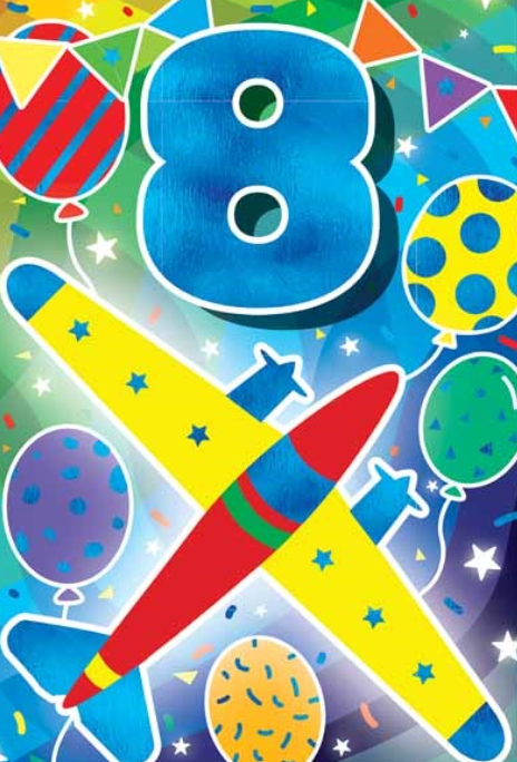 Glitter Party Age Greeting Card - Blue Airplane (8th)