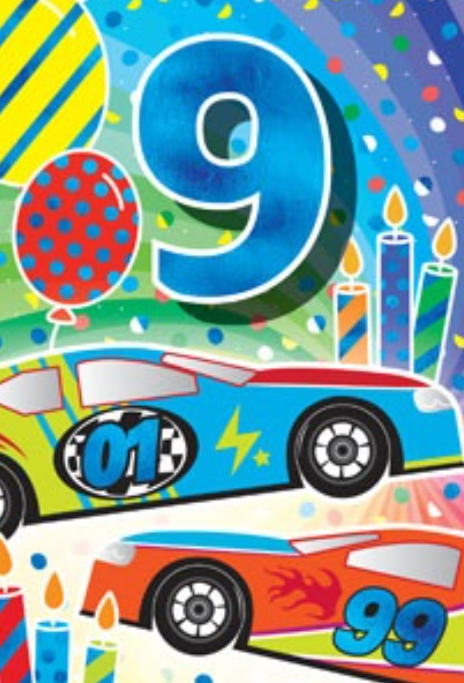 Glitter Party Age Greeting Card - Blue Race Car (9th)