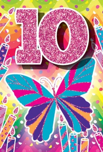 Glitter Party Age Greeting Card - Pink Butterfly (10th)