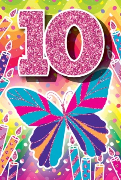 Glitter Party Age Greeting Card - Pink Butterfly (10th)