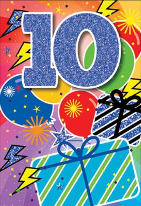 Glitter Party Age Greeting Card - Blue Presents (10th)